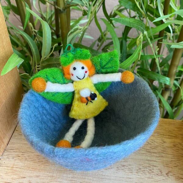miss honeybee in blue bowl