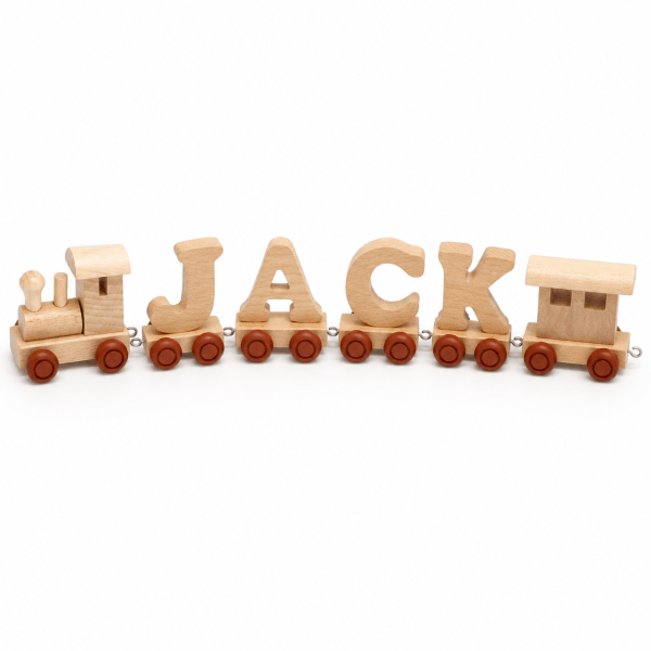 Personalised baby gift wooden name trains | Bambino Eco Toys Wooden toy train with blocks forming the letters J A C K on red wheels, spelling 'JACK'.