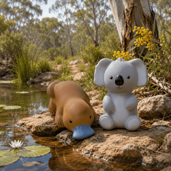 Tikiri natural rubber bath and teether toys aussie animal koala and platypus