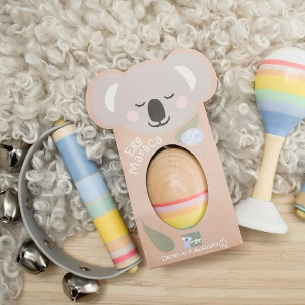 Rainbow wooden egg, maraca and handbell | Bambino Eco Toys Rainbow wooden egg, maraca and handbell