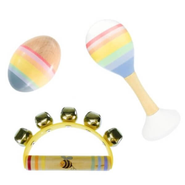 Rainbow wooden egg, maraca and handbell | Bambino Eco Toys Rainbow wooden egg, maraca and handbell