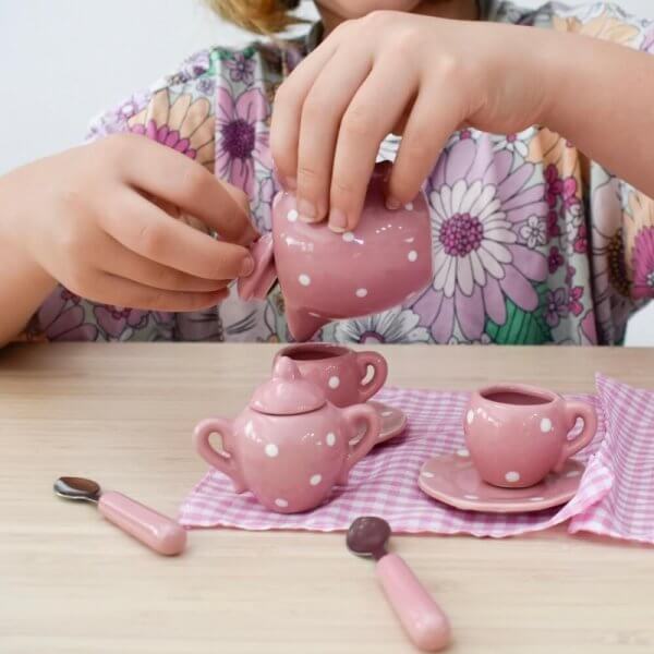 Porcelain tea set pink polka dot | Bambino Eco Toys Porcelain tea set pink polka dot