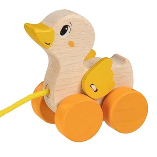 Goki Wooden pull-along duck toy with orange wheels and yellow string for toddlers