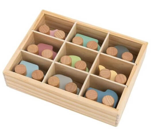 Wooden Mini car set in shelf