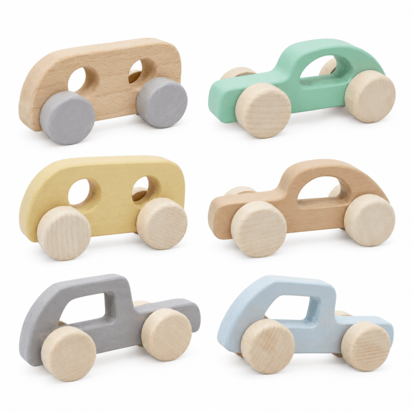 Six pastel wooden toy cars with rounded bodies and wheel quatrefoil, arranged in a 2x3 grid on a white background, each in different colors (natural wood, mint, yellow, peach, gray, light blue).