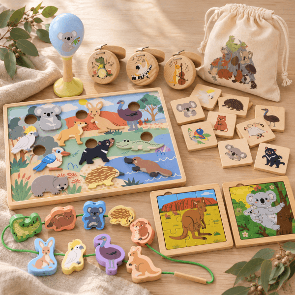 Australian Animal Discovery Bundle: a 9-piece set of wooden toys including maracas, castanets, beads, memory game tiles, and two wooden jigsaw puzzles, with a storage bag and illustrated box.