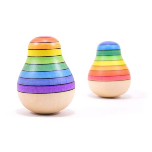 Two wooden rainbow stacking toys with colorfully layered rings on a light background, in two sizes.