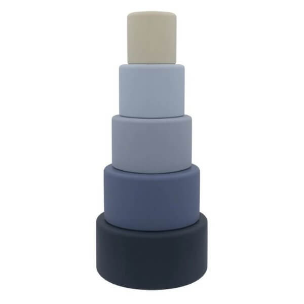Blue silicone stacking cups | Bambino Eco Toys Stack of six rounded cylinders in a color gradient from navy bottom to beige top, like a minimalist sculpture on a white background