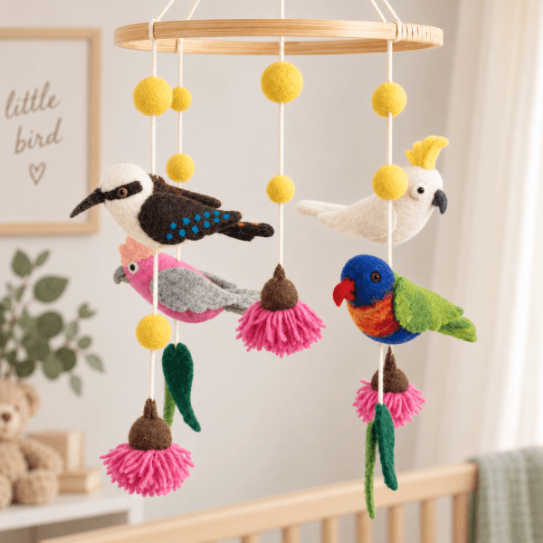 Vevoke Wool felt Australian bird nursery mobile | Bambino Eco Toys Vevoke Wool felt Australian bird nursery mobile