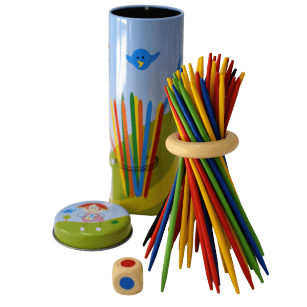 Colorful kids' craft kit with a bundle of multicolored sticks tied by a ring, plus a blue storage can and a small cartoon lid cap and dice with color dots.