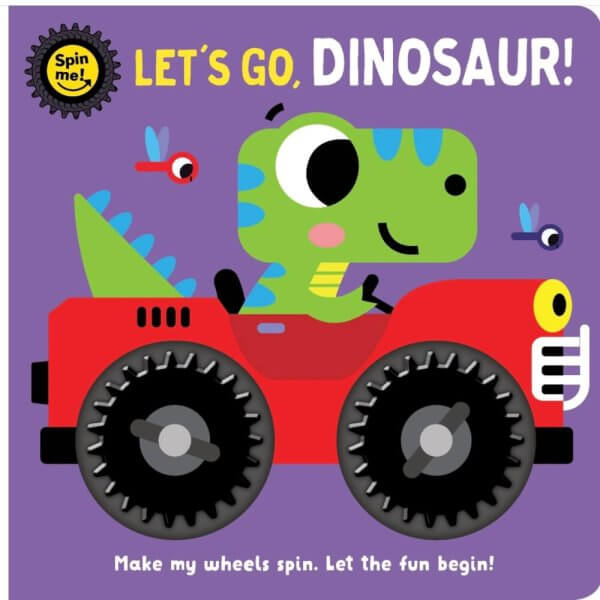 Cartoon green dinosaur driving a red toy car with large black wheels on a purple background, under the heading “LET’S GO, DINOSAUR!” and a round “Spin me!” badge.