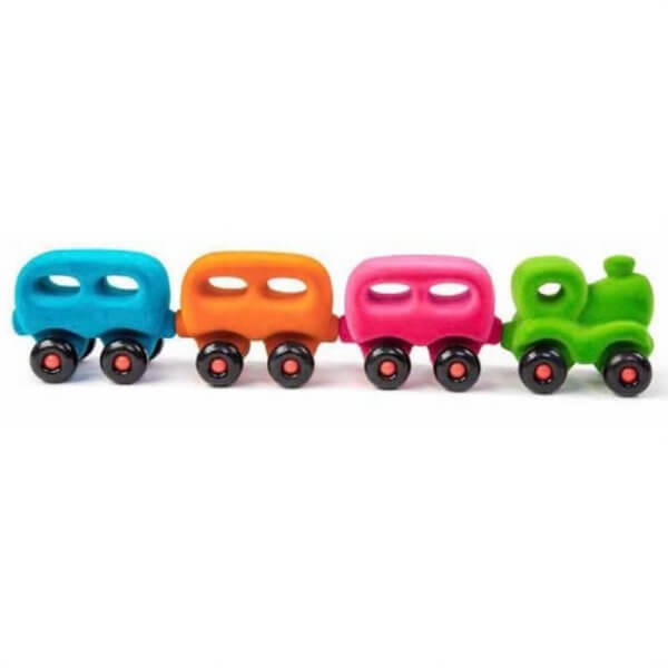 Colorful toy train with blue, orange, pink cars and a green engine linked in a row on a white background