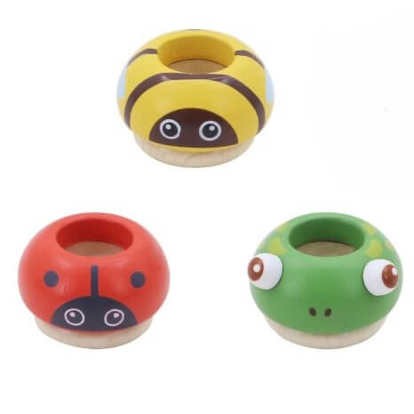 Three round wooden beads with painted animal faces: yellow bee, red ladybug, and green frog on a white background.