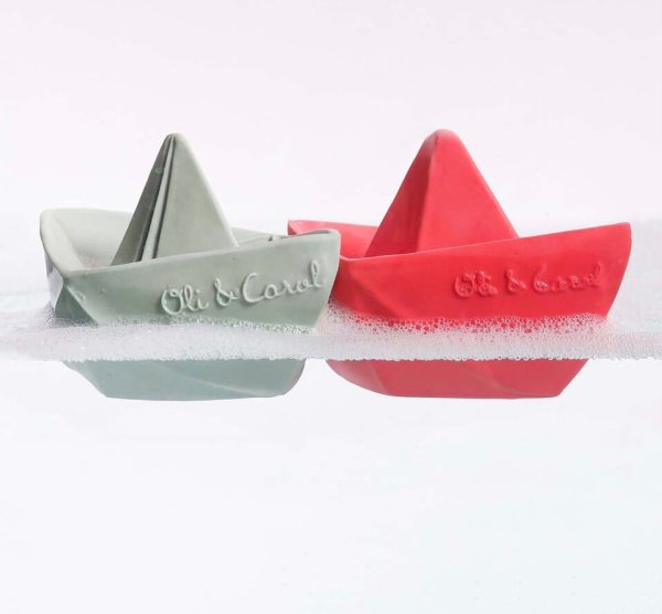 Oli and carol origami natural rubber bath toy boat pink