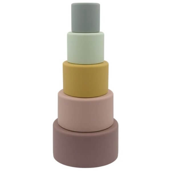 Mix colours silicone stacking cups | Bambino Eco Toys Tiered stack of pastel-colored circular blocks forming a decorative tower (pink, peach, mustard, green, blue-gray).