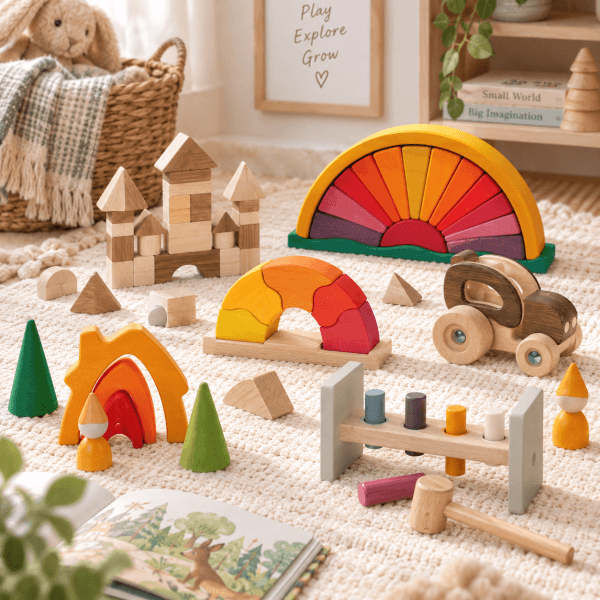 goki nature building blocks | Bambino Eco Toys Colorful wooden toy blocks and arches arranged for imaginative play on a beige rug, with a castle, rainbow, and car nearby in a child’s playroom.