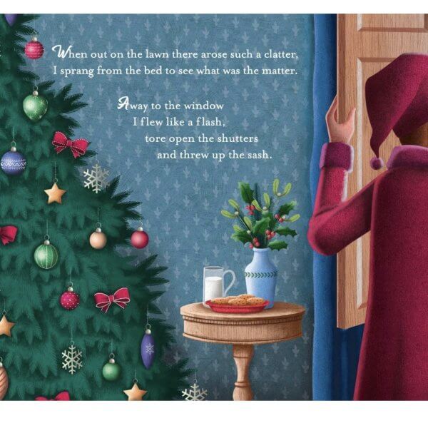 It was the night before christmas padded board book | Bambino Eco Toys Christmas scene: decorated tree with colorful ornaments, a small table with cookies and milk, and a person in a red coat peeking from a doorway; blue wall shows lines from a Christmas poem about a clatter and sash.