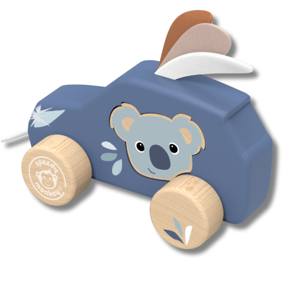Blue wooden toy car with a koala illustration, light wooden wheels, and leaf motifs on the body.
