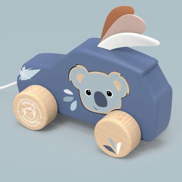 Speedy Monkey pull along wooden car with a koala illustration, natural wooden wheels, and pastel feather accents; playful, kid-friendly design.