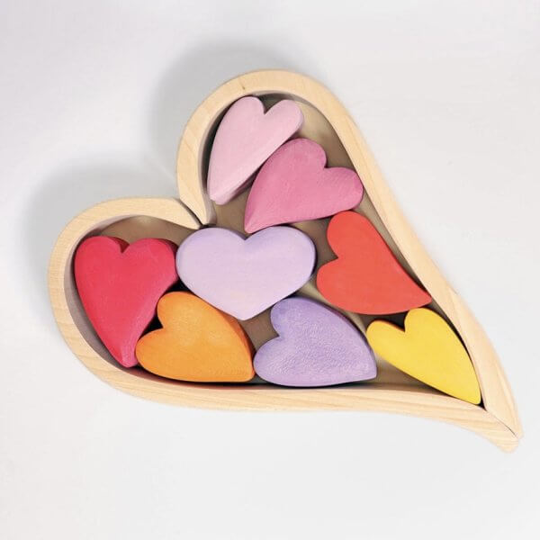 Grimms wooden red pink mauve hearts shaped blocks puzzle with 4cm blocks