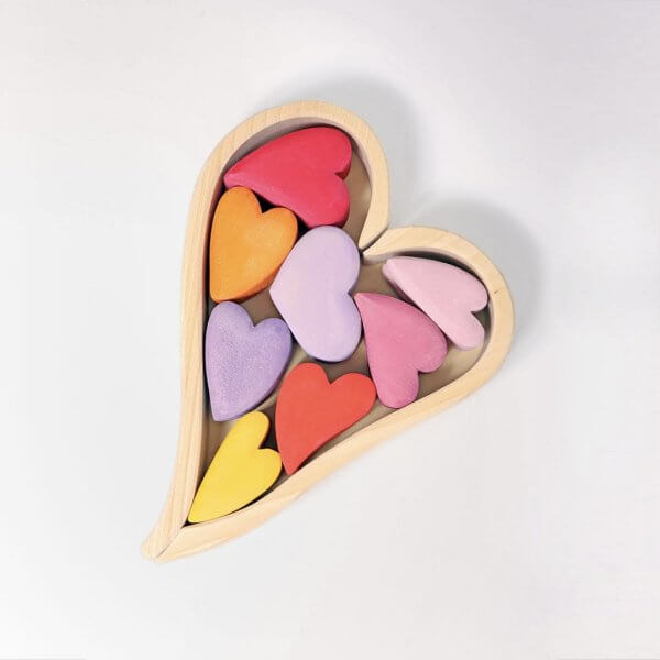 Grimms wooden red pink mauve hearts shaped blocks puzzle with 4cm blocks
