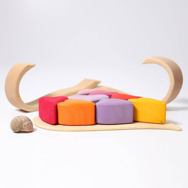 Grimms wooden red pink mauve hearts shaped blocks puzzle with 4cm blocks