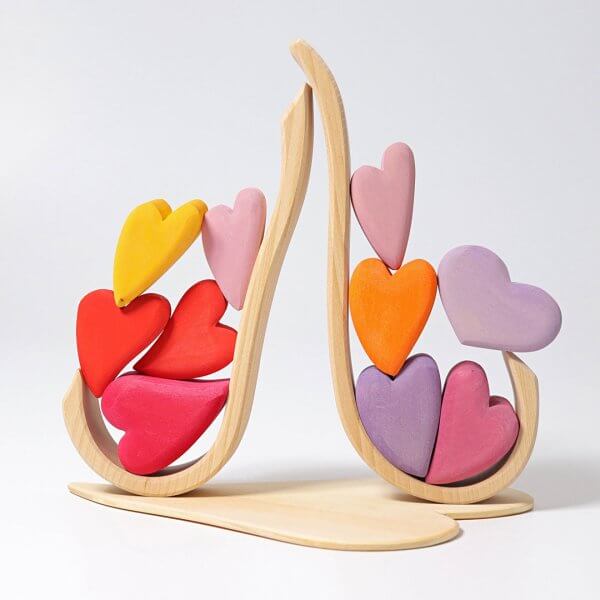Grimms wooden red pink mauve hearts shaped blocks puzzle with 4cm blocks
